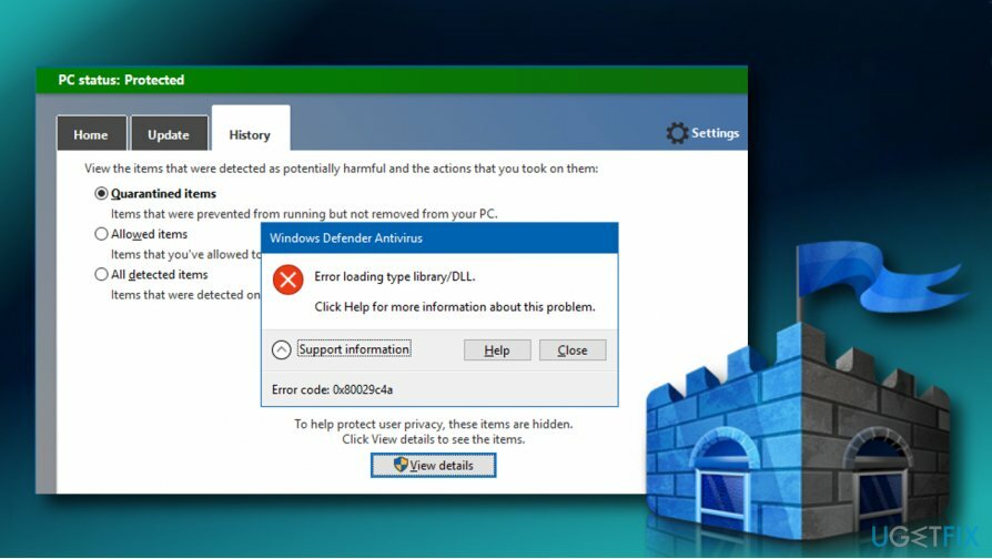 Illustrare l'errore della vecchia interfaccia di Windows Defender 0x80029c4a