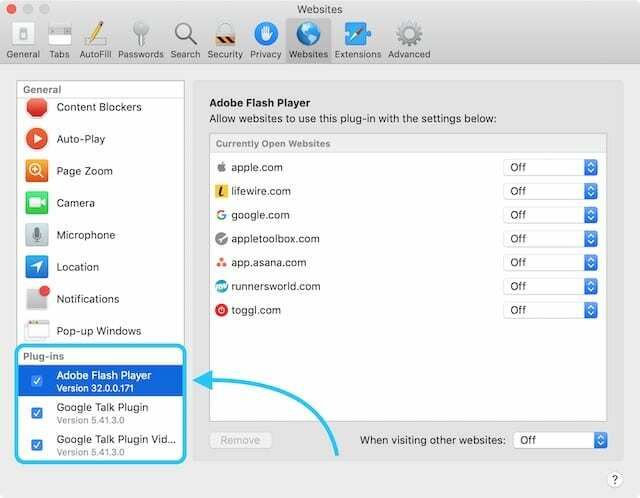 Section des plug-ins des préférences de Safari.