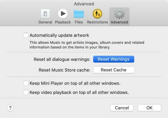 אפס אפשרות אזהרות בהעדפות מתקדמות של iTunes או Apple Music