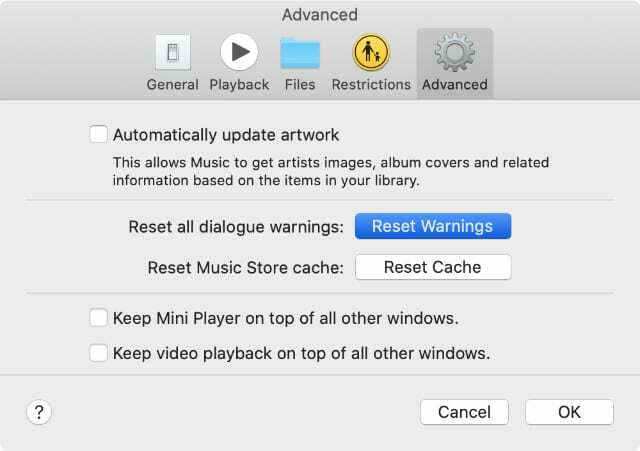 Параметр скидання попереджень у розширених налаштуваннях iTunes або Apple Music