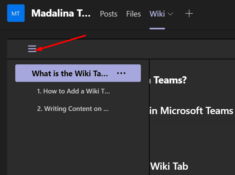 sisällysluettelo wiki-välilehti microsoft teams