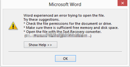 Word experimentó un error al intentar abrir el archivo