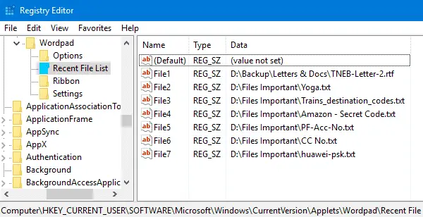 Reset MRU WordPad