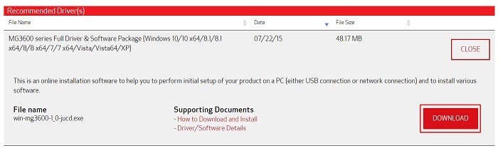 Botão SELECT para obter o arquivo de configuração do driver da impressora Canon Mg3620