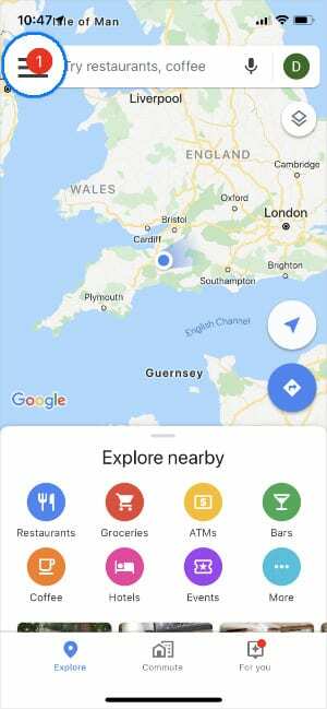 Google मानचित्र मेनू बटन