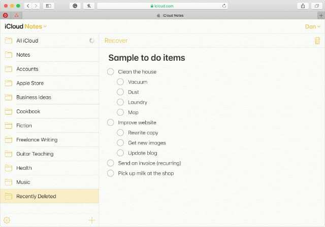 Nylig slettet mappe i Notes på iCloud-nettstedet