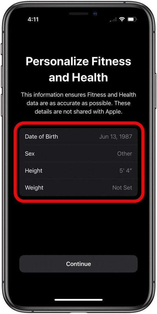 Setup-Bildschirm der Fitness-App zum Personalisieren von Gesundheitsinformationen mit markierten Detailfeldern.