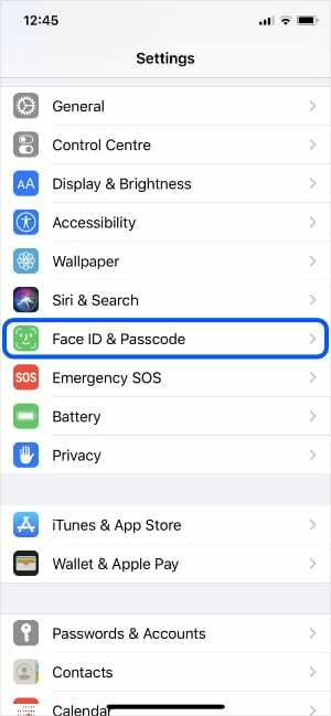 Option d'identification faciale et de code d'accès dans les paramètres de l'iPhone