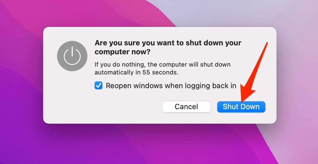 لقطة شاشة تعرض مطالبة بإغلاق MacBook