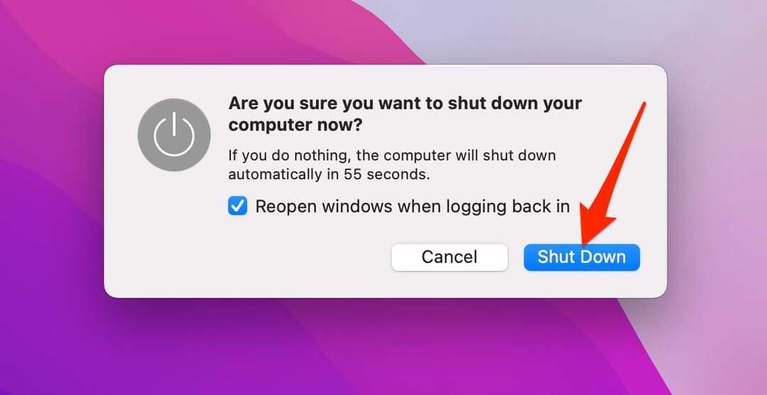 Cuplikan layar menampilkan permintaan untuk mematikan MacBook