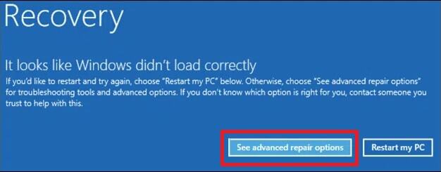 Seleccione Ver opciones de reparación avanzadas de Windows Recovery 