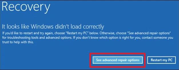 Selectați Vedeți opțiunile avansate de reparație din Window Recovery 