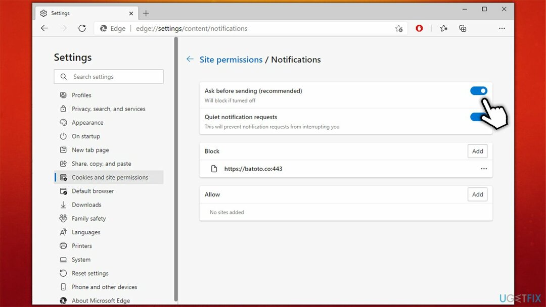 Abilita le notifiche su Edge - impostazioni