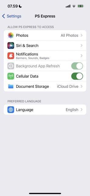 ekrano kopija, kurioje rodomas „iOS“ programos nustatymų parinkčių sąrašas