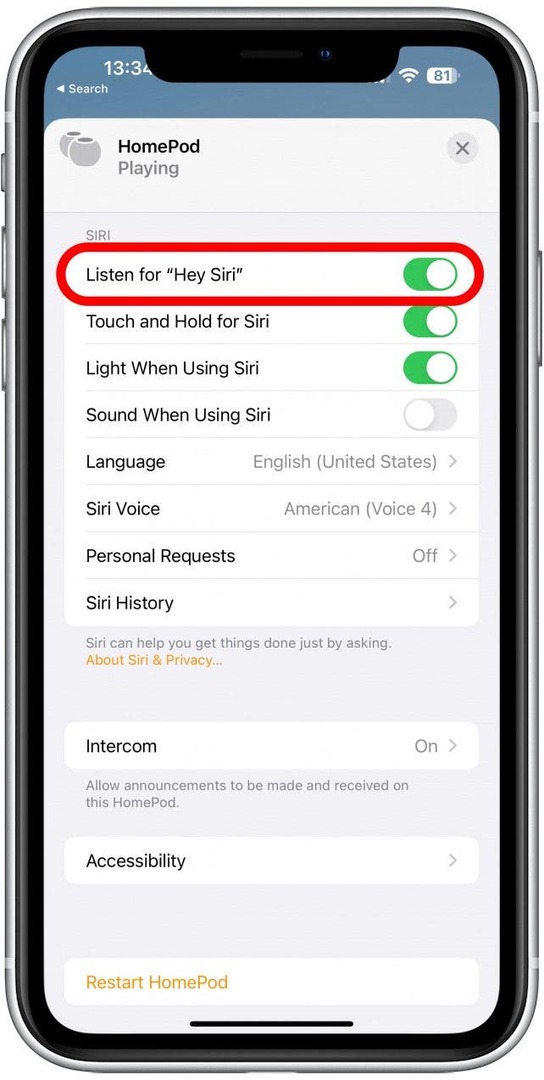 Faites défiler vers le bas jusqu'à ce que vous voyiez SIRI et désactivez Écoutez 