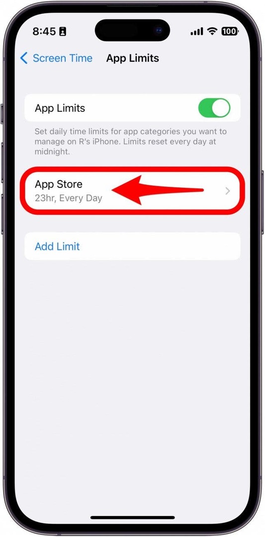 App Store の App Limit が表示されている場合は、左にスワイプします。