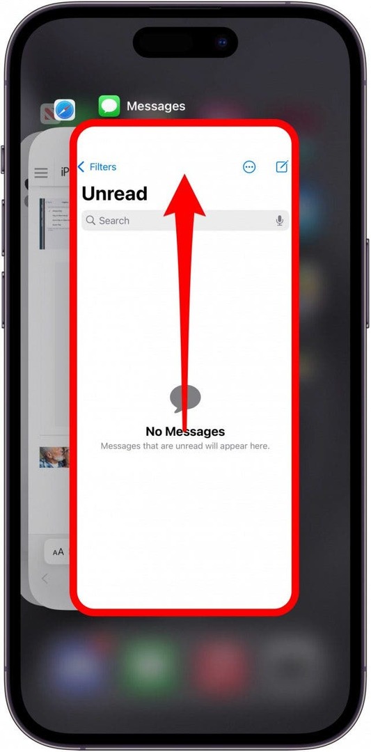 빨간색 원으로 표시된 앱과 위쪽을 가리키는 화살표가 있는 iPhone 앱 스위치(위로 스와이프하여 앱을 닫으라는 의미)