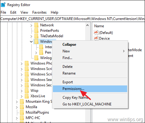 Modificare i permessi del registro