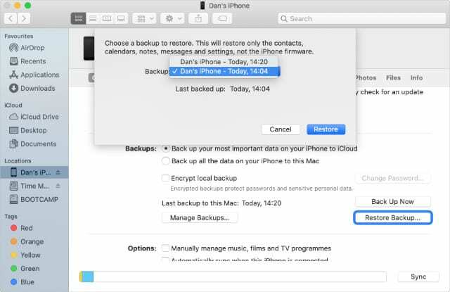 Finder'da Arşivlenmiş Eski iPhone Yedeklerini Geri Yükle