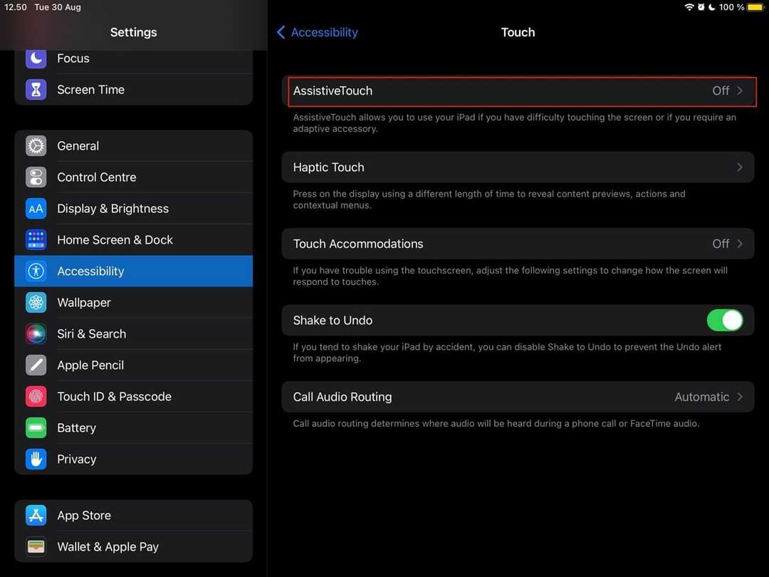 Знімок екрана, на якому показано вкладку AssistiveTouch на iPad