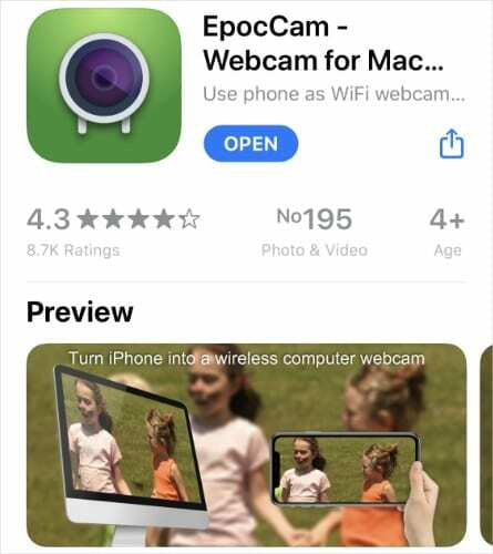 EpocCam alkalmazás az iPhone App Store-ban