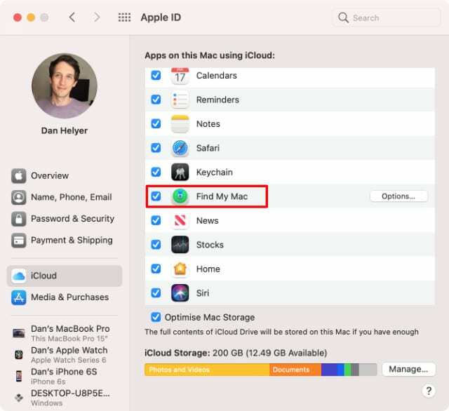 Apple ID-systempreferanser på Mac som fremhever alternativet Finn min Mac