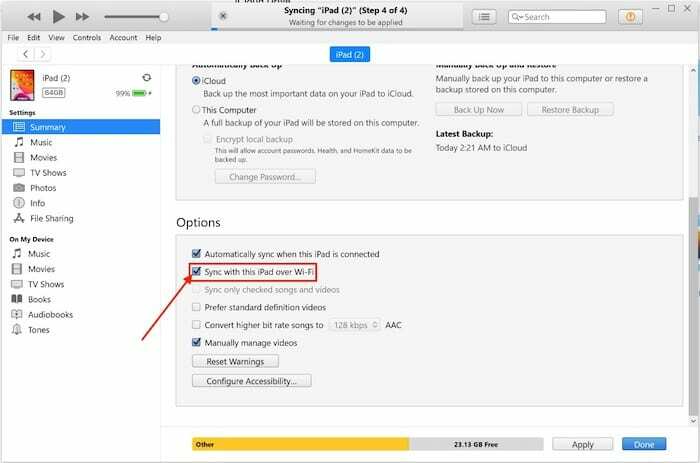 Sinchronizuokite iPad su iTunes per Wi-Fi