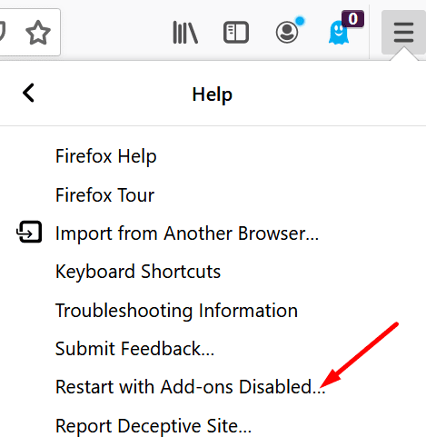 รีสตาร์ท Firefox โดยปิดการใช้งานส่วนเสริม