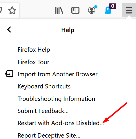 アドオンを無効にしてFirefoxを再起動する