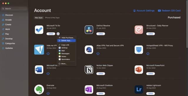 Mac App Store 스크린샷에서 앱 삭제