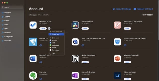 Captura de tela Excluir aplicativo da Mac App Store