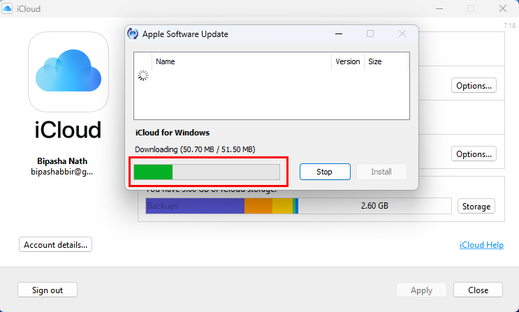 Actualizarea aplicației iCloud pentru Windows după rezolvarea problemei Eroare 101