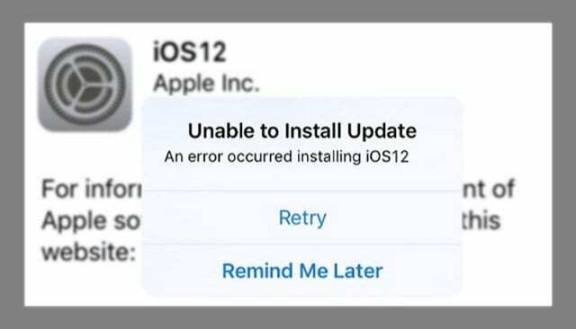 Nije moguće instalirati ažuriranje na iOS 12 Pogreška s porukom na zaslonu