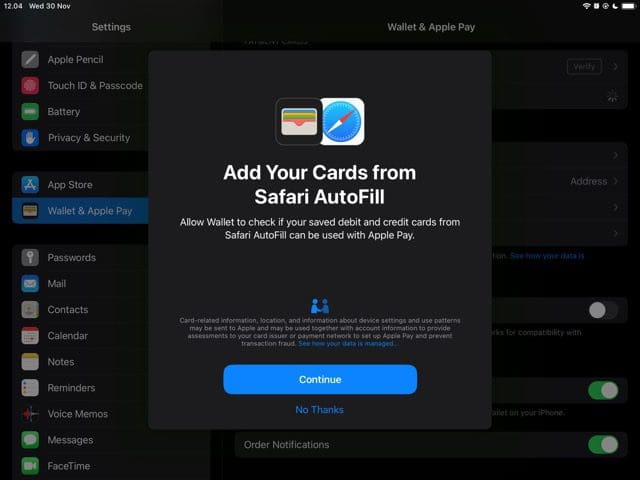 ภาพหน้าจอแสดงวิธีเพิ่มบัตรใหม่ใน Apple Pay