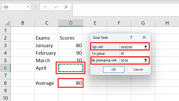 Componenti e parametri per Excel Goal Seek