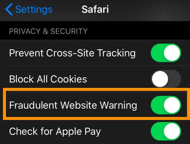 advertencia del sitio web de safari para sitios fraudulentos