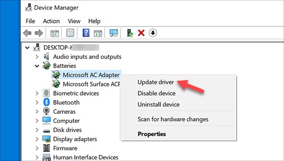 อัปเดตไดรเวอร์สำหรับ Microsoft AC Adapter