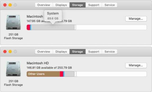 Systémové úložiště macOS v porovnání s ostatními uživateli po aktualizaci