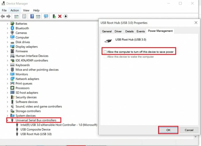 Desmarque la casilla de Permitir que la computadora apague este dispositivo para ahorrar energía