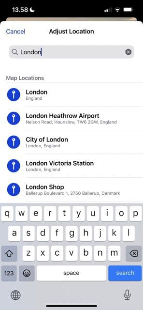 iOS で新しい場所を選択する方法を示すスクリーンショット