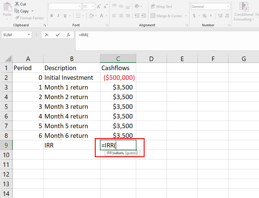 Usando la fórmula de la TIR en Excel