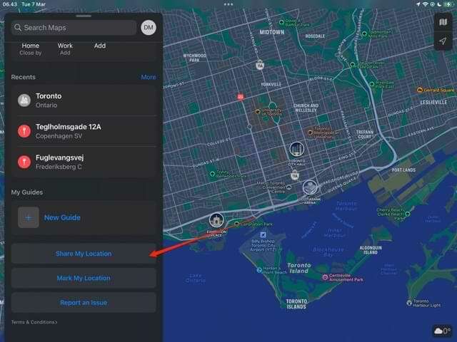 मेरा स्थान iPad मैप्स स्क्रीनशॉट साझा करें