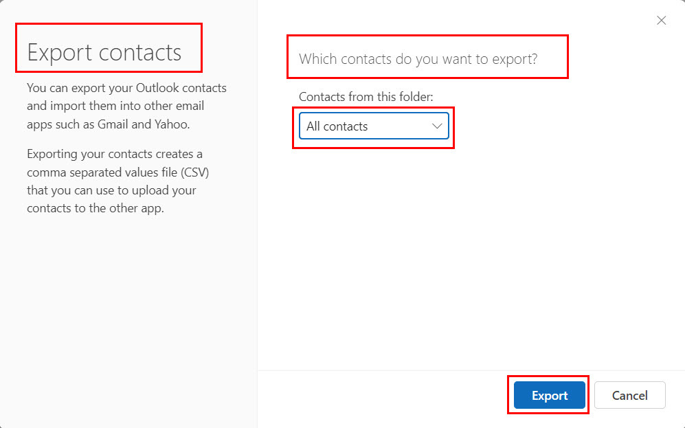 Истражите како да извезете Оутлоок контакте у Екцел из веб апликације