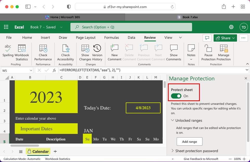 A opção Proteger planilha no aplicativo da Web do Excel