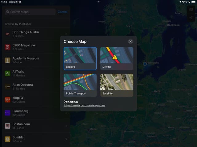 Izberite ikono zemljevida Posnetek zaslona iPada
