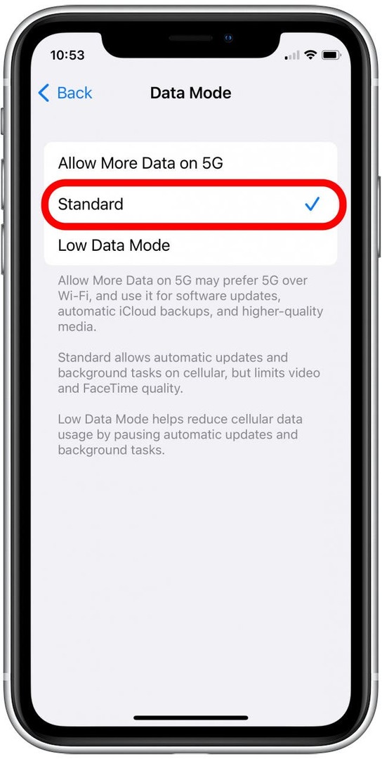 Tryck på Standard. Så här förstärker du hotspot-signalen på iPhone. 