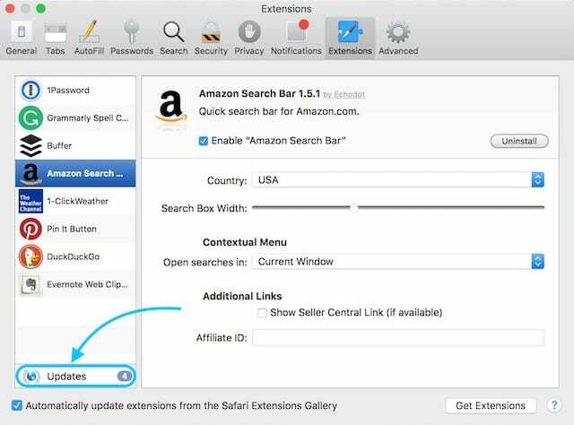 Οι επεκτάσεις Safari εμφανίζουν ένα πλαίσιο Ενημερώσεις.