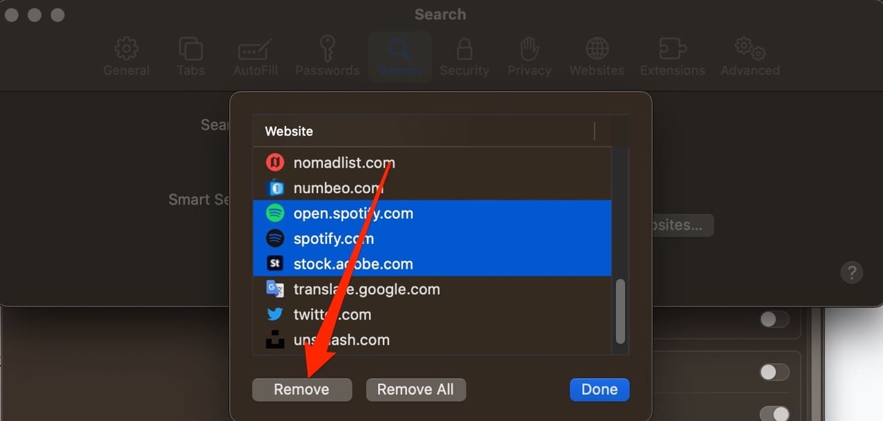 Skjermbilde som viser hvordan du fjerner nettsteder i Quick Website Search på macOS