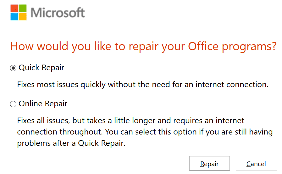 strumento di riparazione di Microsoft Office