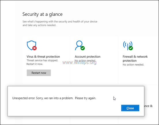 Windows Defender 위협 서비스가 중지되었습니다. 지금 다시 시작 